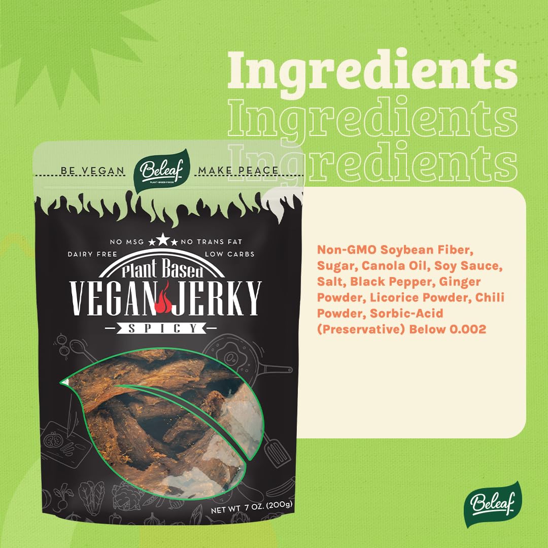 BE LEAF spicy jerky slices delivering savory kick and clean protein bite.