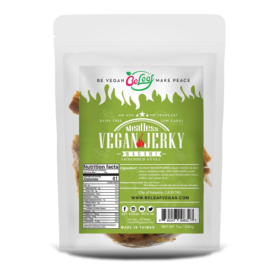 BE LEAF Wasabi Jerky front view highlighting bold plant-based flavor for on-the-go snacking.