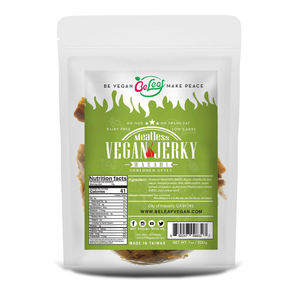 BE LEAF Wasabi Jerky front view highlighting bold plant-based flavor for on-the-go snacking.