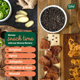 BE LEAF Wasabi Jerky nutrition close-up noting protein content per bag.