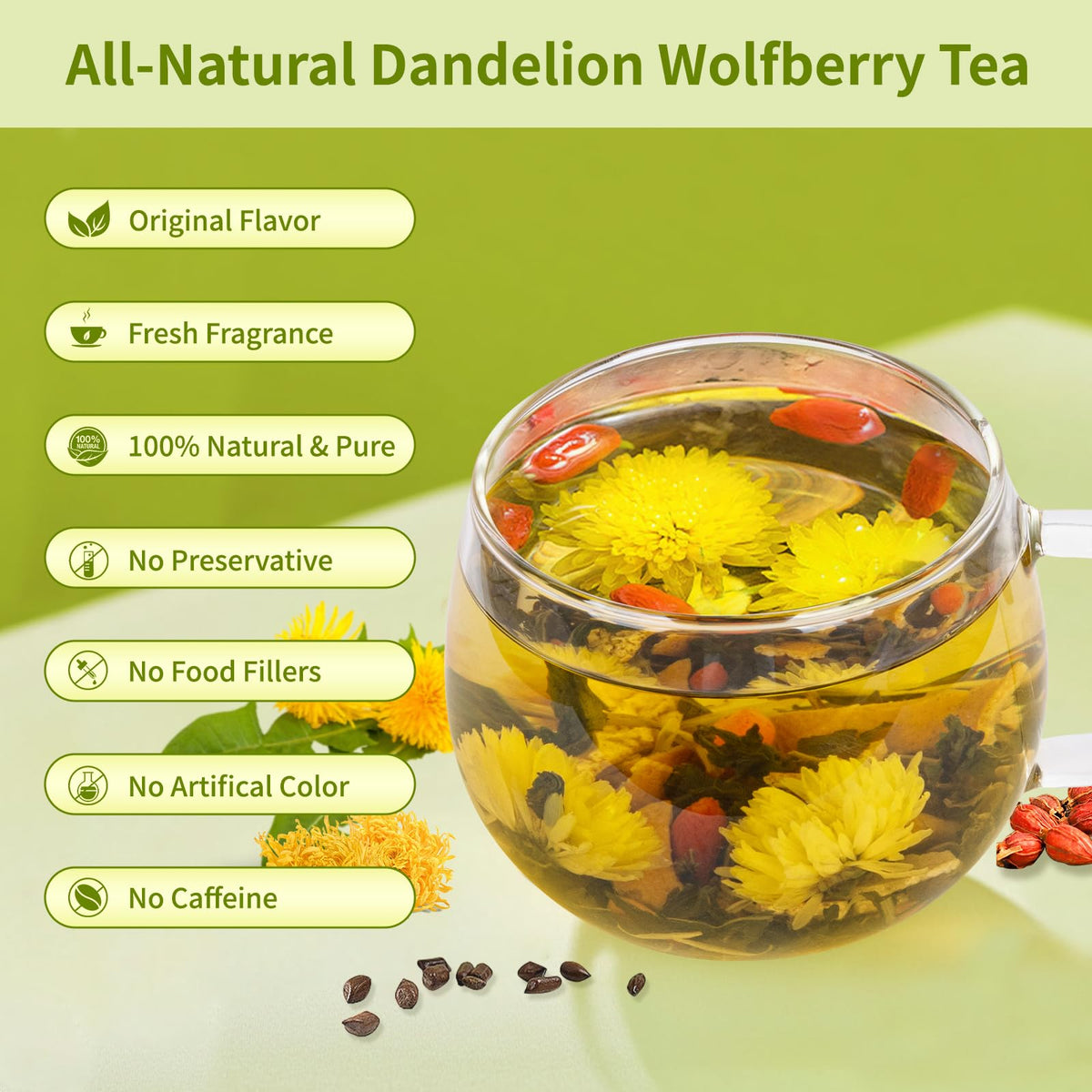BeleePlanner dandelion-wolfberry tea ingredient chrysanthemum highlights calming floral notes.