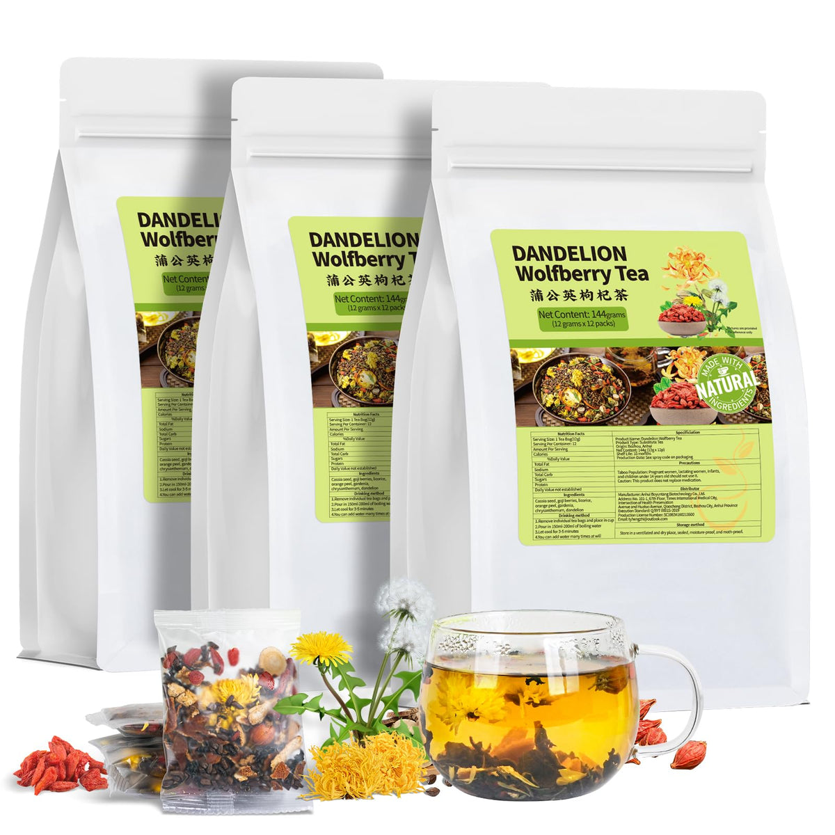 BeleePlanner dandelion-wolfberry tea pack highlighting natural blend for daily wellness.
