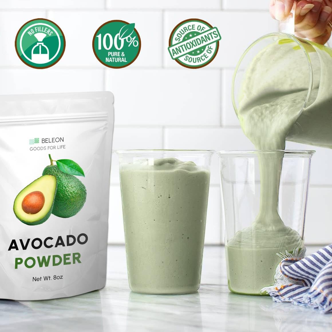 Beleon Avocado Powder close-up on a dessert scoop highlighting natural ingredients.