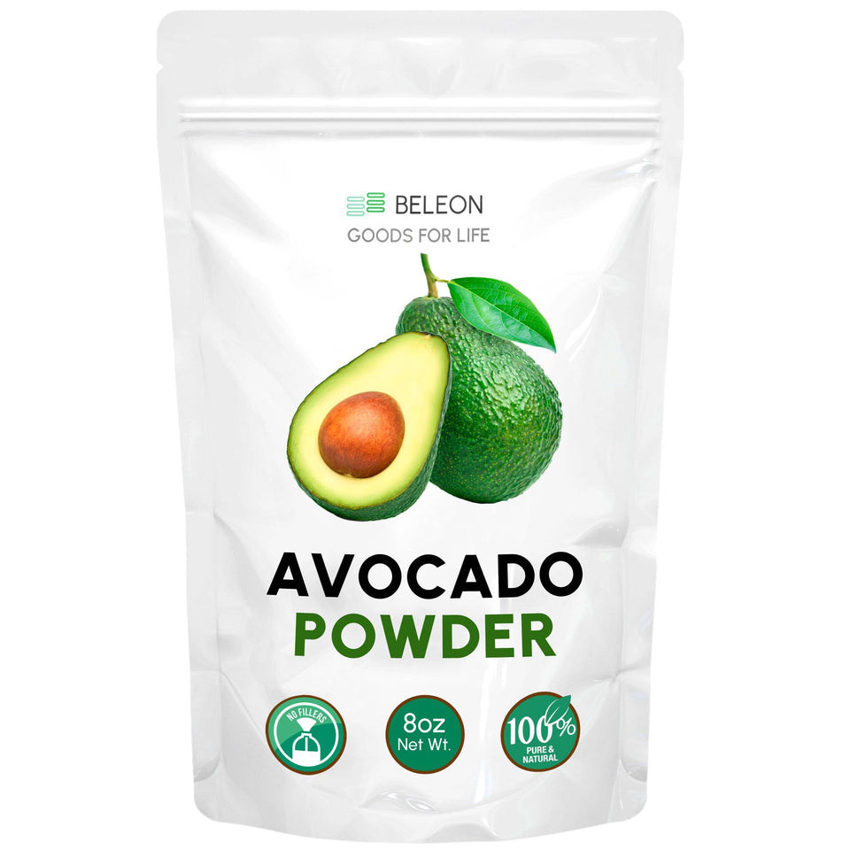 Beleon Avocado Powder packaging and jar show pure, versatile ingredient for meals.