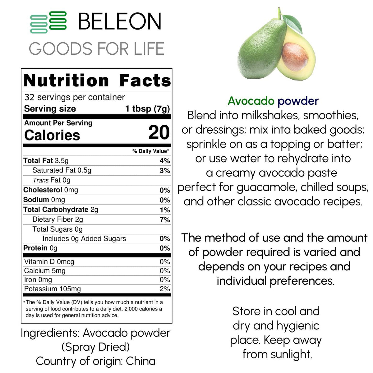 Beleon Avocado Powder storage jar ready in a dark pantry.