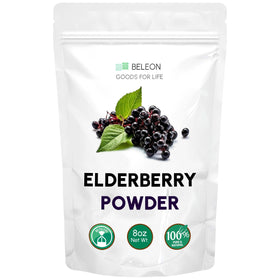 Beleon Elderberry Powder 8 oz packaging highlights a pure berry blend ideal for smoothies
