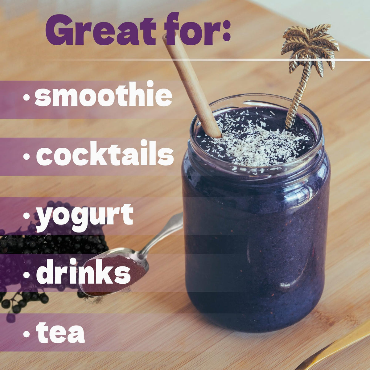 Beleon Elderberry Powder scoop shows precise measurement for smoothies and bowls