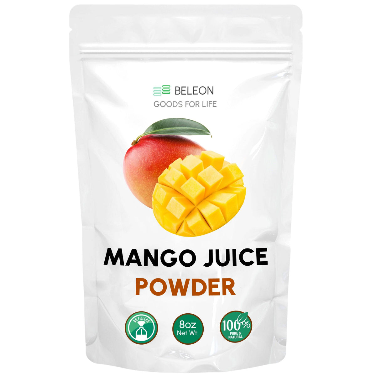 Beleon Mango Powder packaging: 8 oz bottle, ideal for drinks and baking.