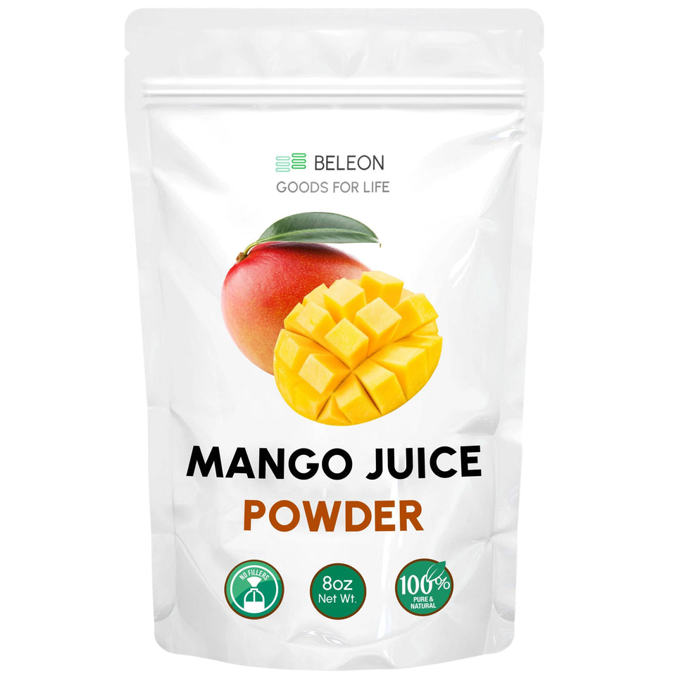 Beleon Mango Powder packaging: 8 oz bottle, ideal for drinks and baking.