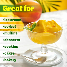 Beleon Mango Powder scoop with powder, perfect for smoothies and desserts.