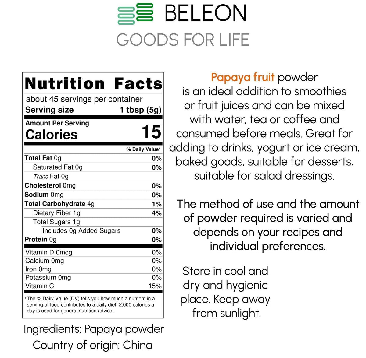 Beleon Papaya Pure Powder label highlights no GMOs and no additives