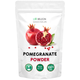 Beleon Pomegranate Powder label on jar highlighting purity and all-natural ingredients