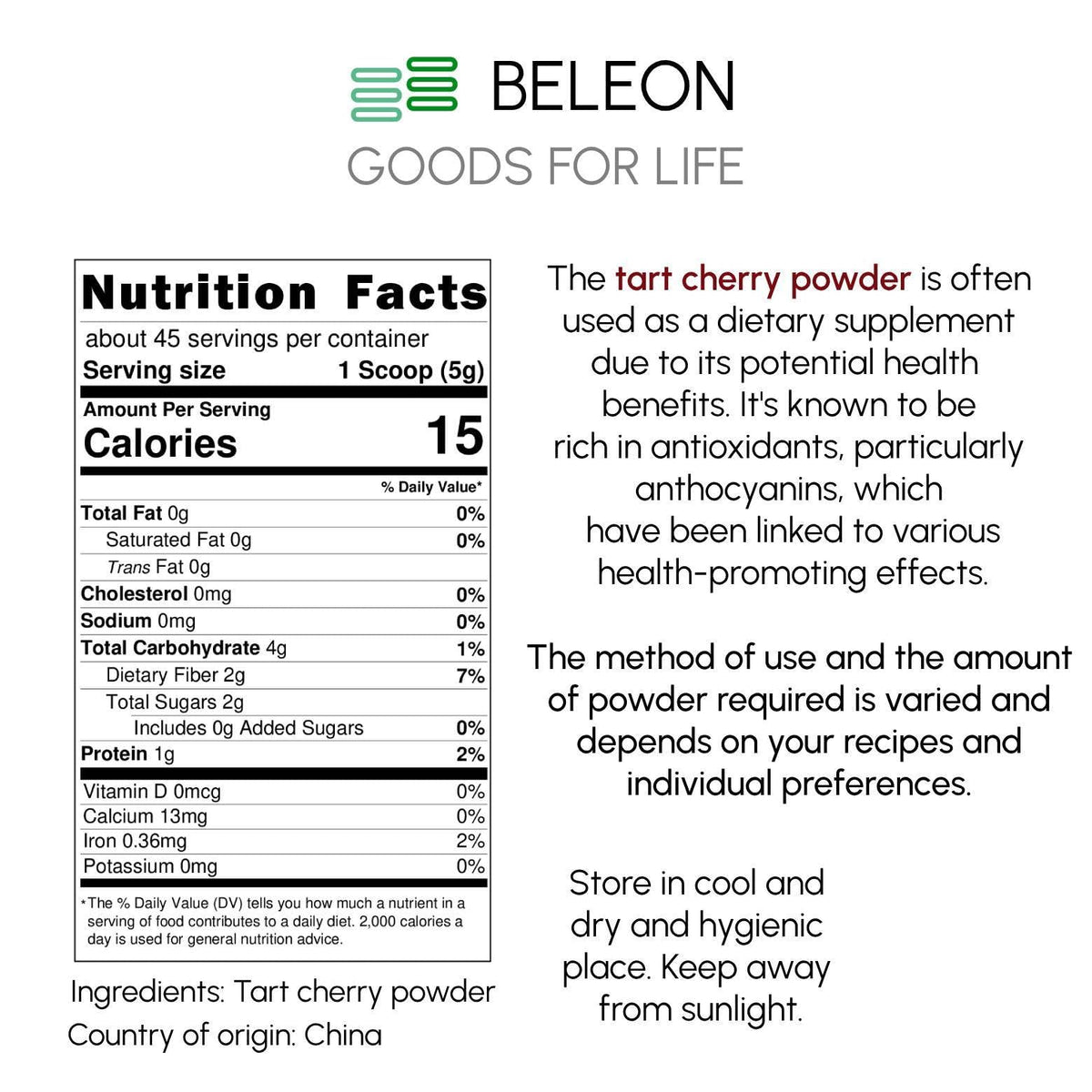 Beleon Tart Cherry Powder storage kept in a cool, dry place