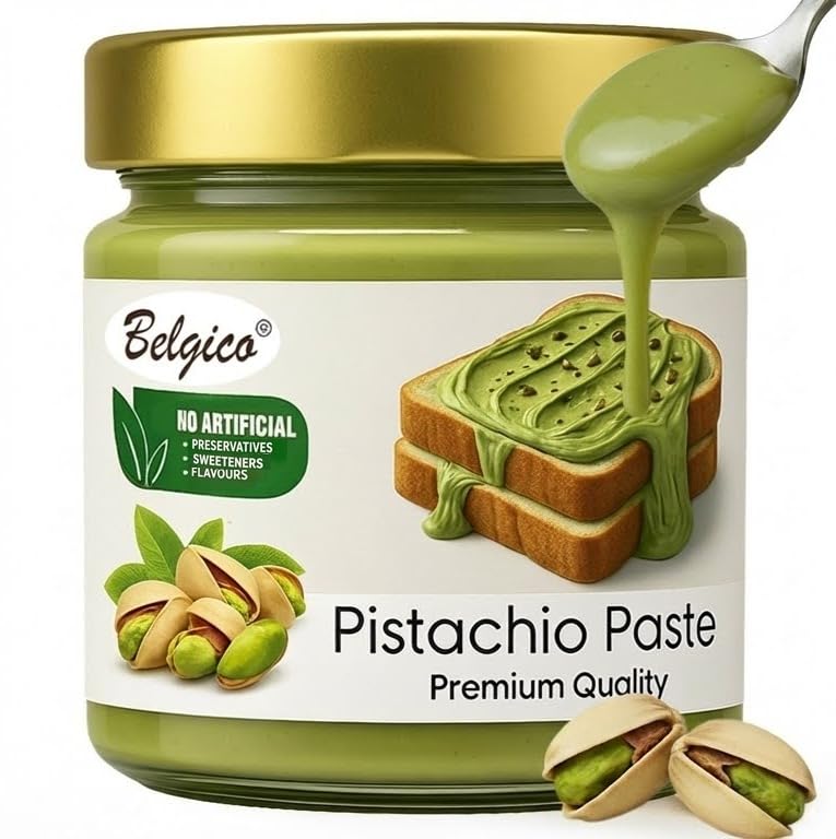 Belgico Pistachio Cream jar pour – smooth, ready-to-spread texture for breakfast.