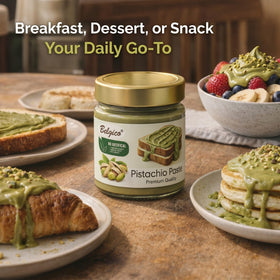 Belgico Pistachio Cream Spread texture ideal for Dubai chocolate filling.