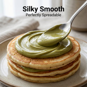 Belgico Pistachio Cream spread at room temperature, easy to spread and warm for drizzling.
