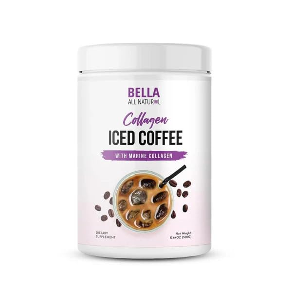 Bella All Natural Collagen Iced Coffee bottle pour for convenient energy lift.