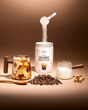 Bella All Natural Decaf coffee powder being poured for quick iced coffee