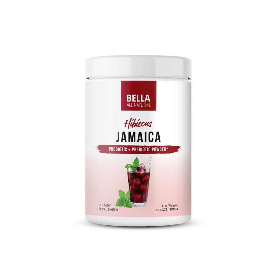 Bella All Natural Hibiscus Jamaica with Prebiotics bottle shows vibrant red color for refreshing hydration.