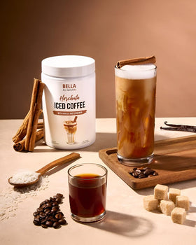 Bella All Natural Horchata Iced Coffee served over ice for a refreshing sip.