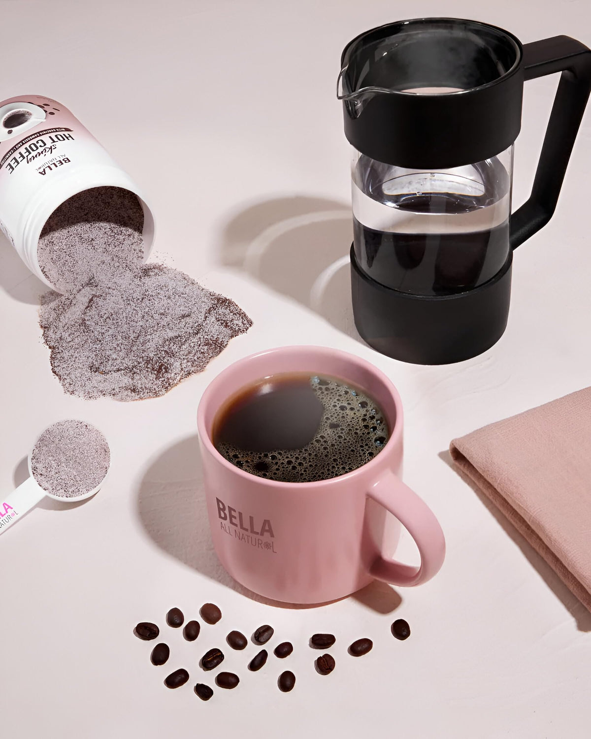 Bella All Natural hot coffee cafe-style setup emphasizes rich flavor and convenience.
