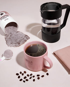 Bella All Natural hot coffee cafe-style setup emphasizes rich flavor and convenience.