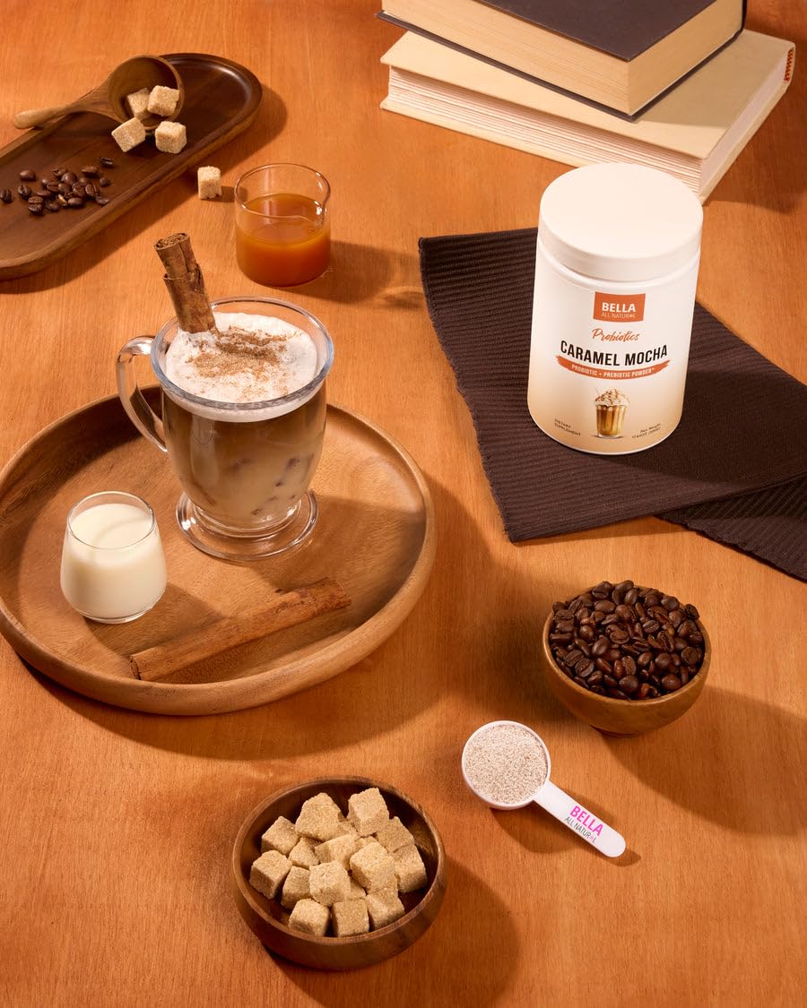 Bella All Natural Probiotic Caramel Mocha Coffee poured into cup for tasting