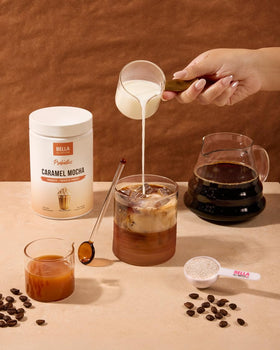 Bella All Natural Probiotic Caramel Mocha Coffee label close-up showing ingredients