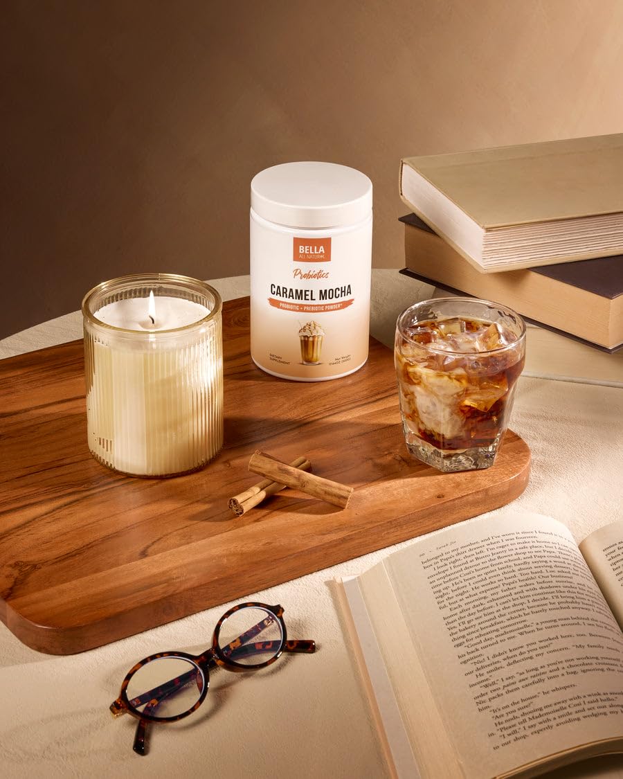 Bella All Natural Probiotic Caramel Mocha Coffee measuring scoop highlights simple preparation