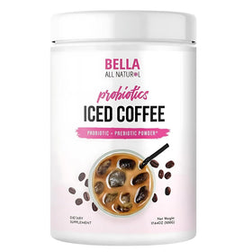 Bella All Natural Probiotic Iced Coffee bottle on a counter, ready for a refreshing break.