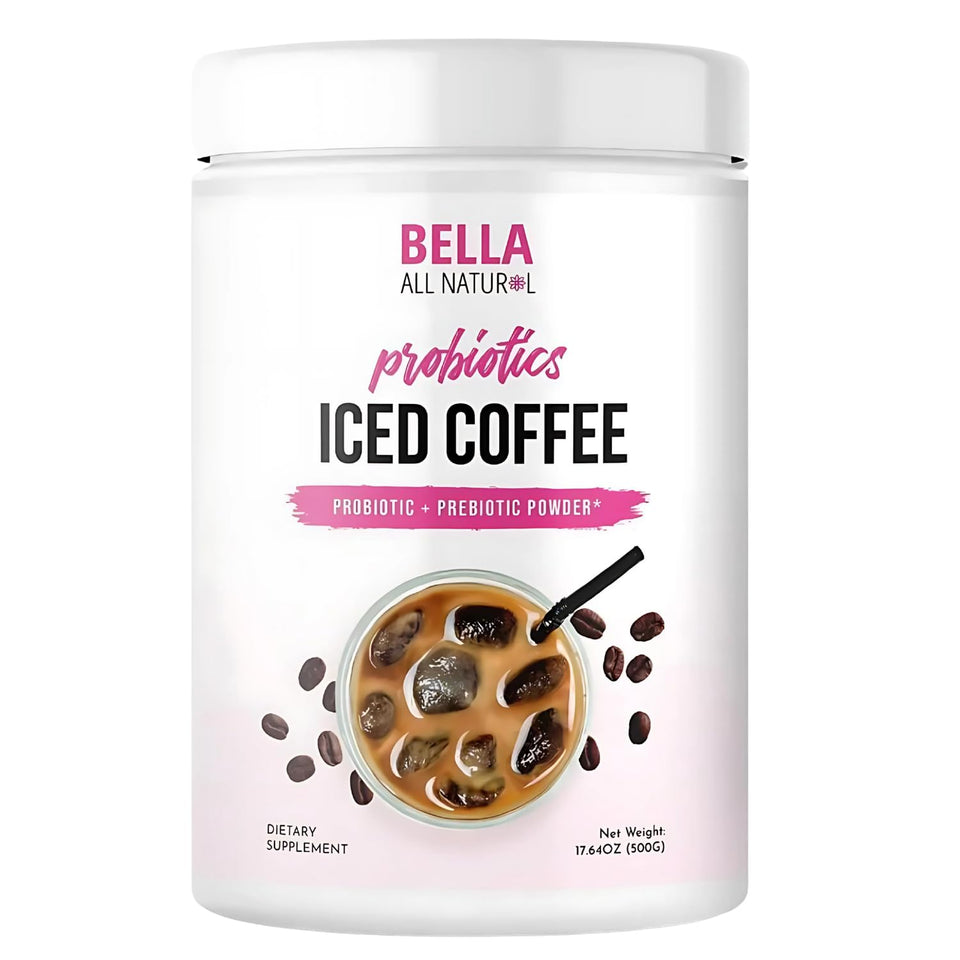 Bella All Natural Probiotic Iced Coffee bottle on a counter, ready for a refreshing break.