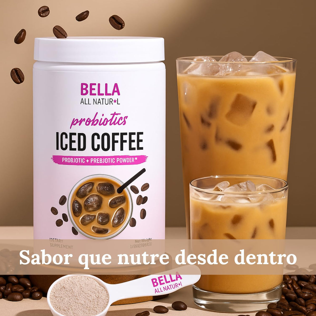 Bella All Natural Probiotic Iced Coffee with coffee beans beside the bottle.