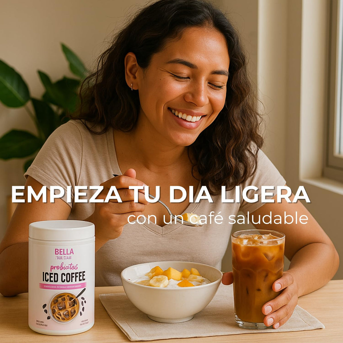 Chilled Bella All Natural Probiotic Iced Coffee in a fridge, grab-and-go.