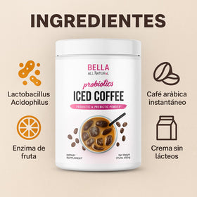 A glass of Bella All Natural Probiotic Iced Coffee on ice, ideal for busy mornings.