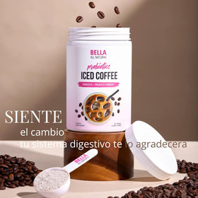 Ice cubes and Bella All Natural Probiotic Iced Coffee bottle, ready to chill.