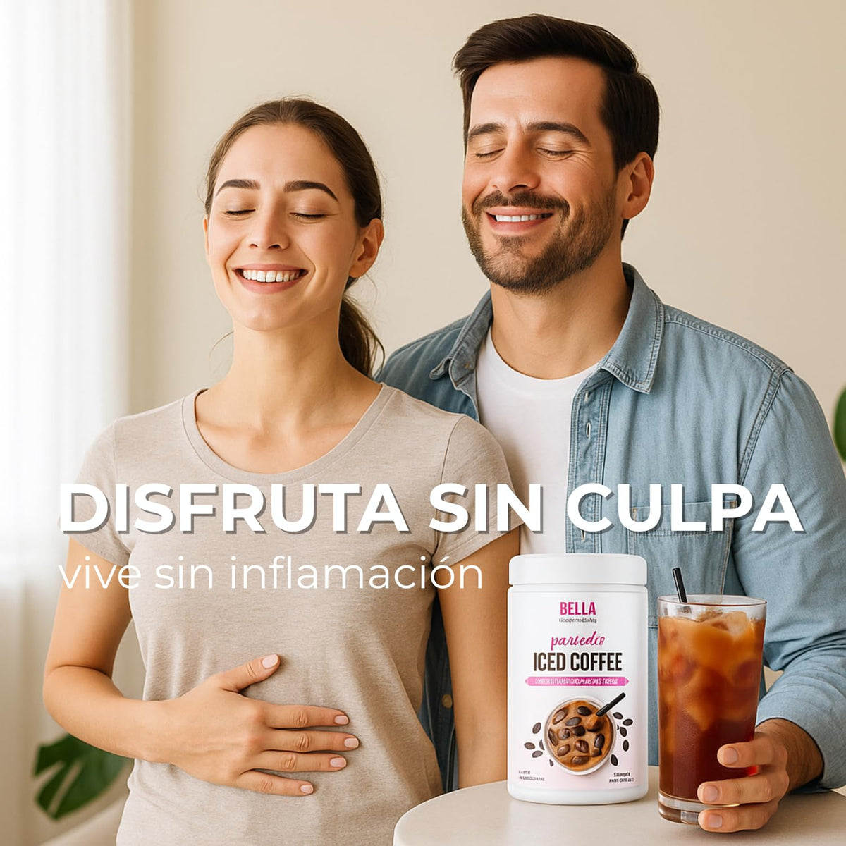 Close-up of Bella All Natural Probiotic Iced Coffee label showing branding and concept.