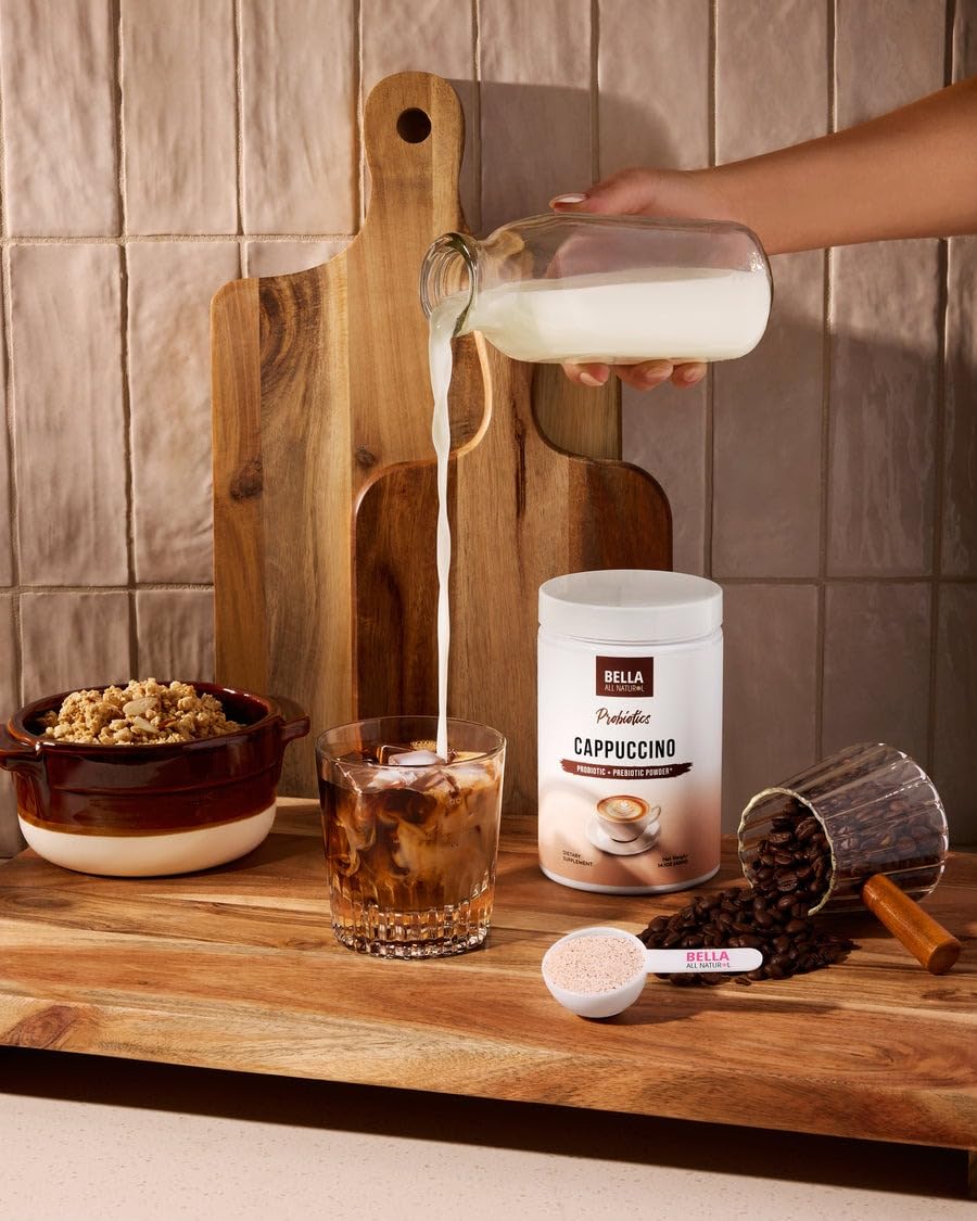 Bella All Natural Probiotics Cappuccino Coffee bottle on kitchen counter.
