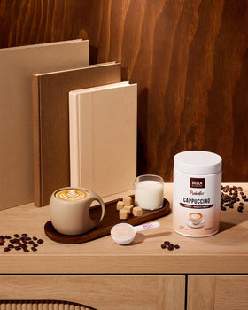 Bella All Natural Probiotics Cappuccino Coffee blend ingredients label close-up.