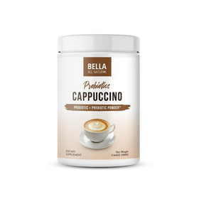 Bella All Natural Probiotics Cappuccino Coffee bottle front for daily wellness ritual.