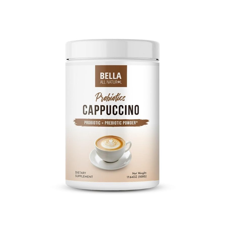 Bella All Natural Probiotics Cappuccino Coffee bottle front for daily wellness ritual.