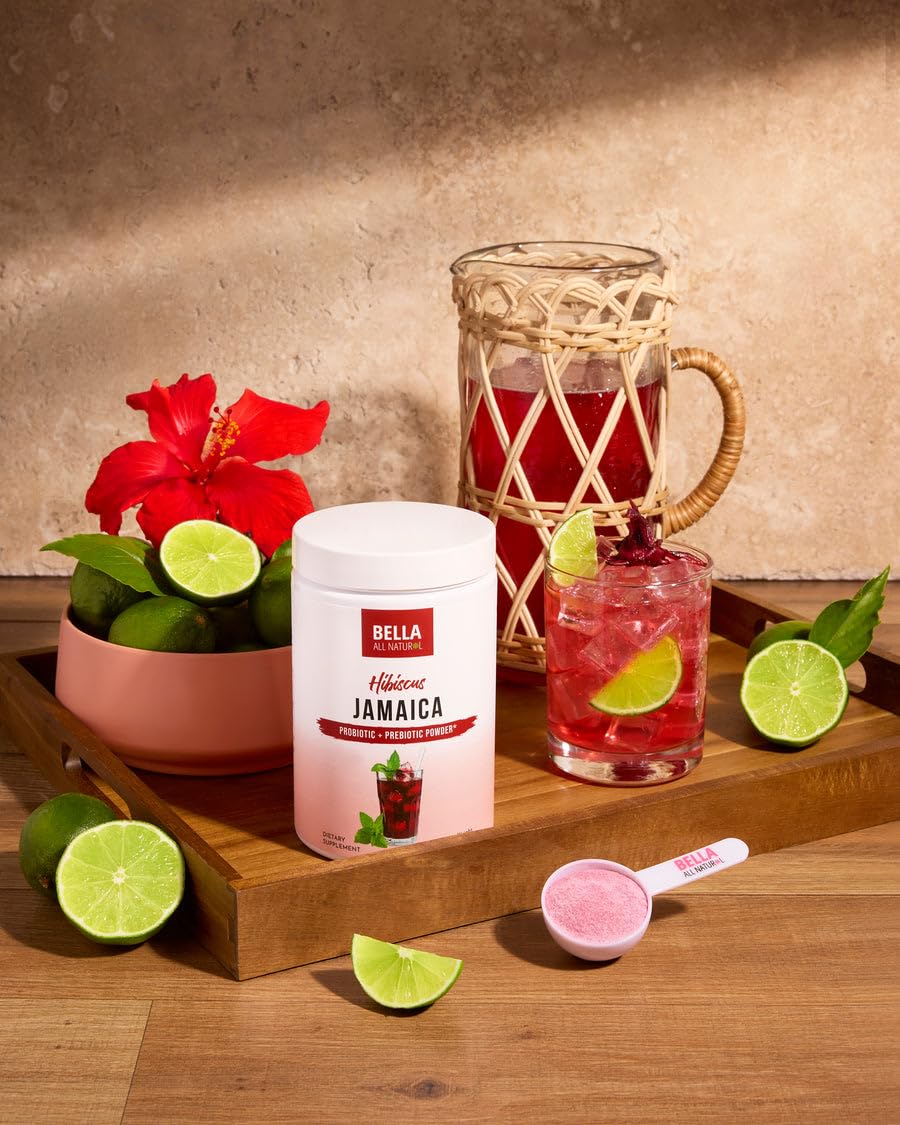Ice-cold Bella All Natural Hibiscus Jamaica with Prebiotics refreshes on hot days.