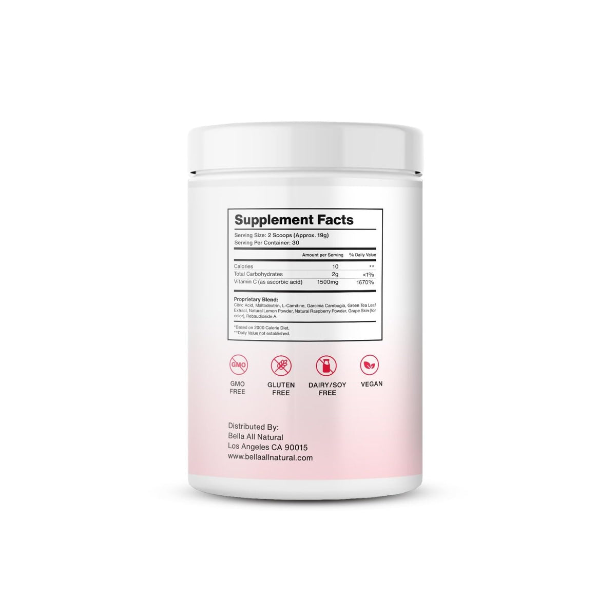 Bella All Natural Skinny Lemonade Raspberry bottle side—nutrition facts and clean label.