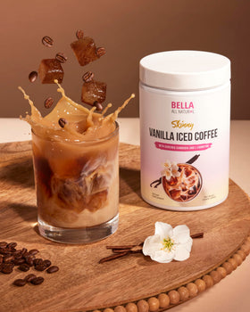 Bella All Natural Skinny Vanilla Iced Coffee on a desk scene for a focused break.