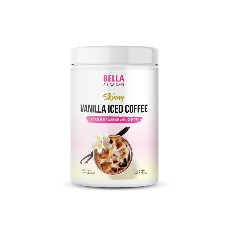 Bella All Natural Skinny Vanilla Iced Coffee packaging, convenient 500g tub for easy refills.