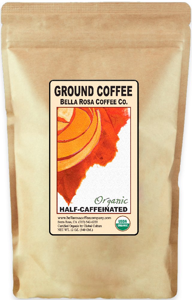 Bella Rosa Coffee Half-Caff bag, freshly ground, smooth chocolate notes for morning rituals.