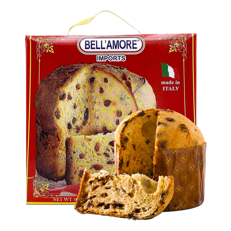 Bell'Amore Panettone close-up showing raisins and orange peels for festive aroma