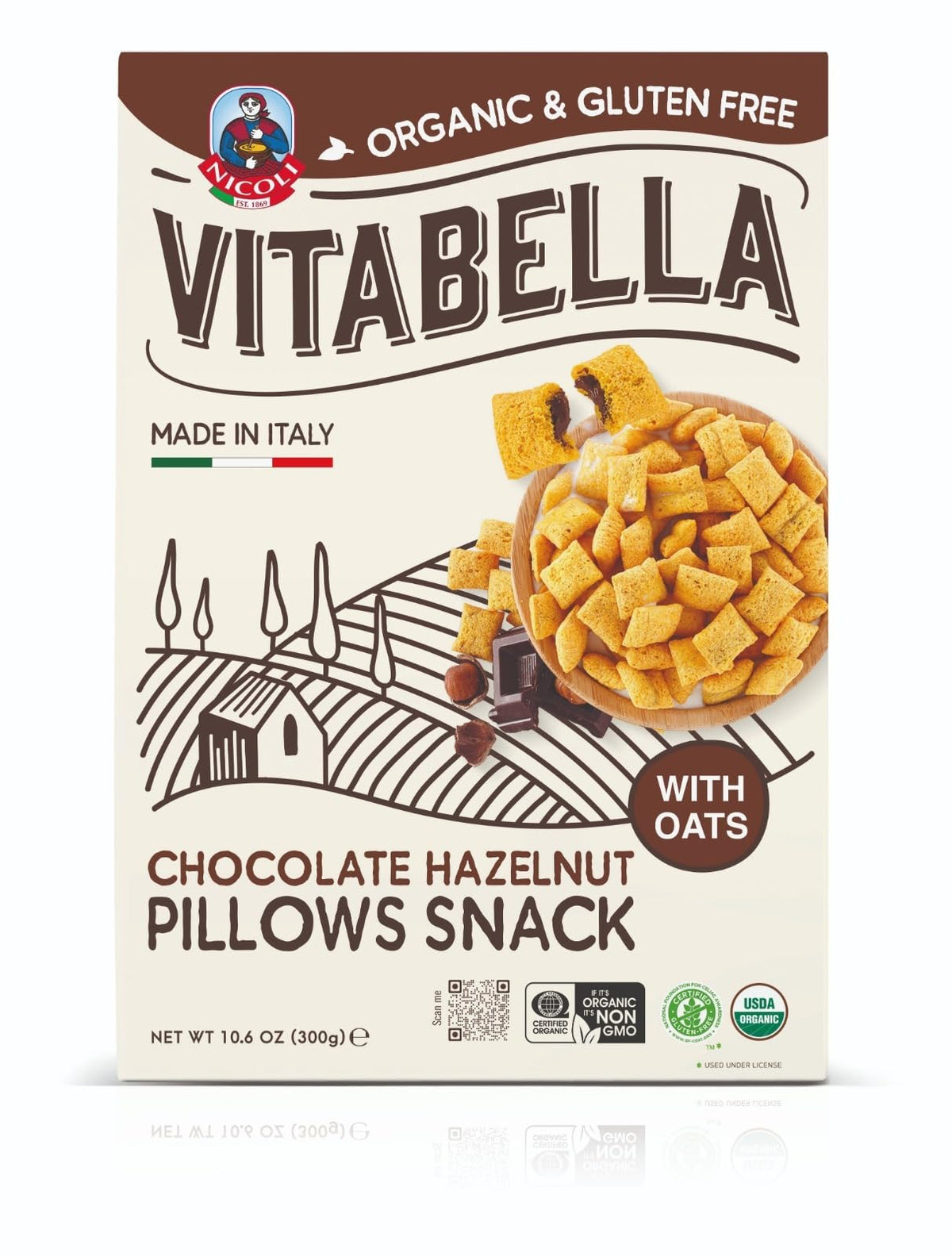 Bella Vita Organic Vitabella Cereal Chocolate Pillows pack, convenient breakfast option.