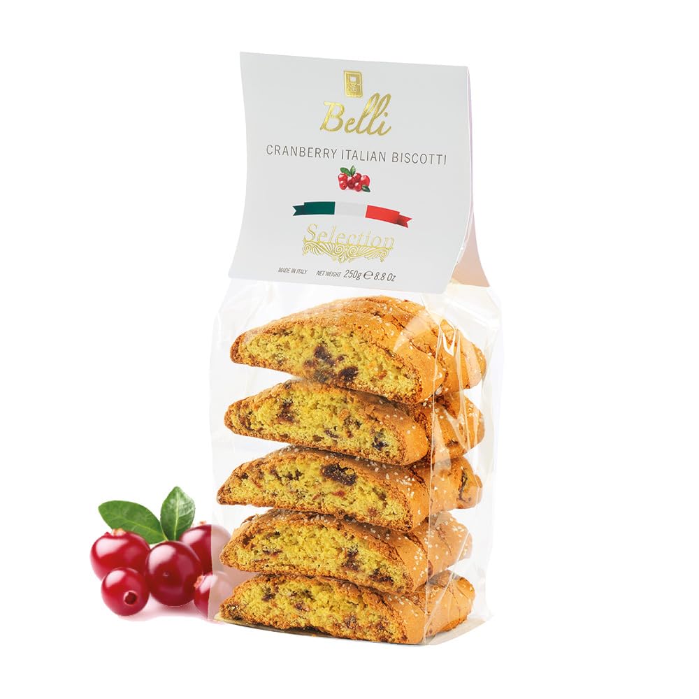 Belli Italian Cranberry Biscotti pack on a rustic board, perfect with coffee or tea.
