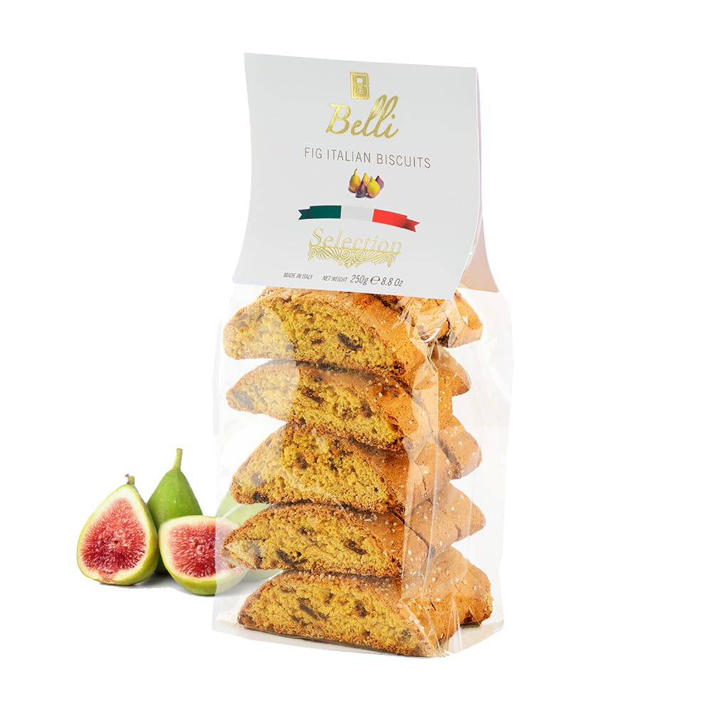 Belli Italian Figs Biscotti pack shot, gift-ready arrangement with Tuscan charm.