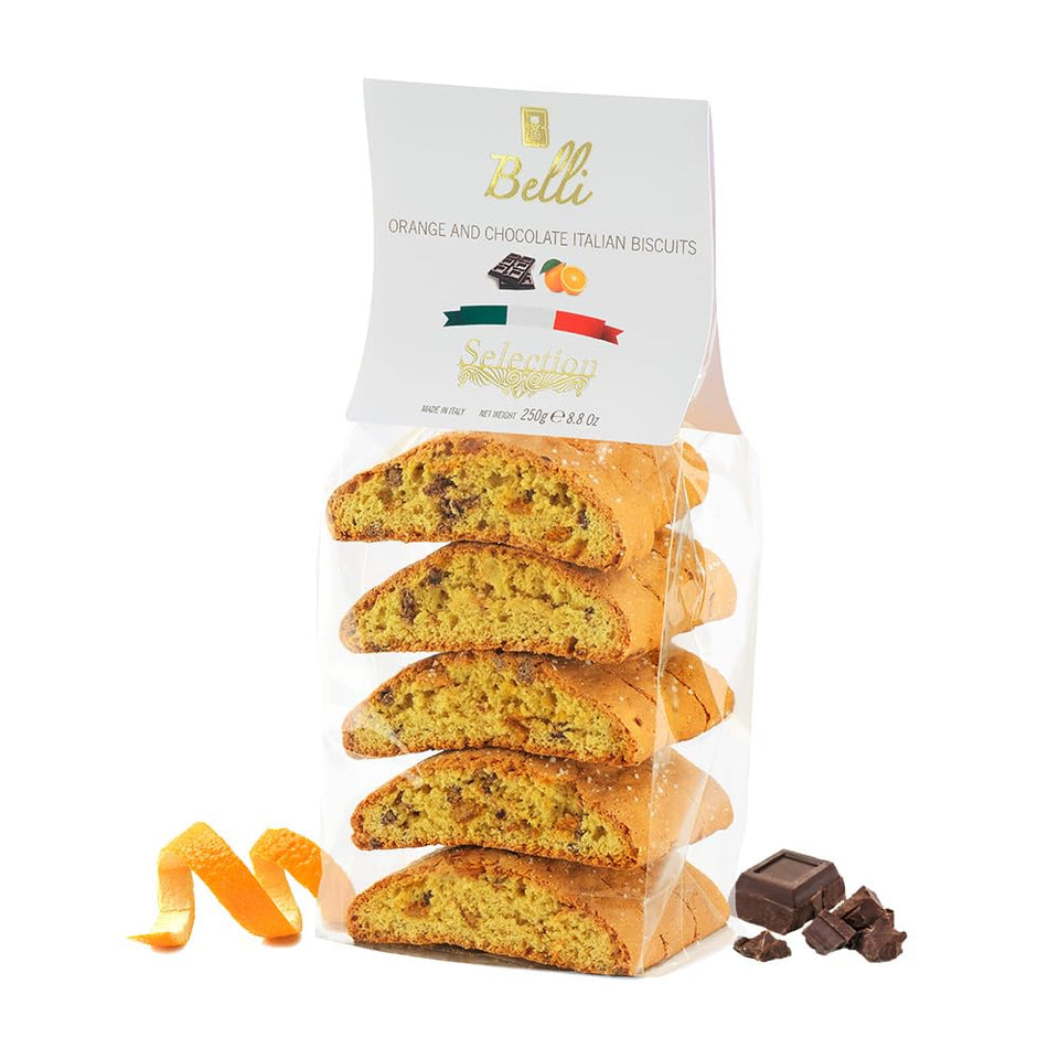 Belli orange chocolate biscotti Tuscany pack, ideal holiday gift.
